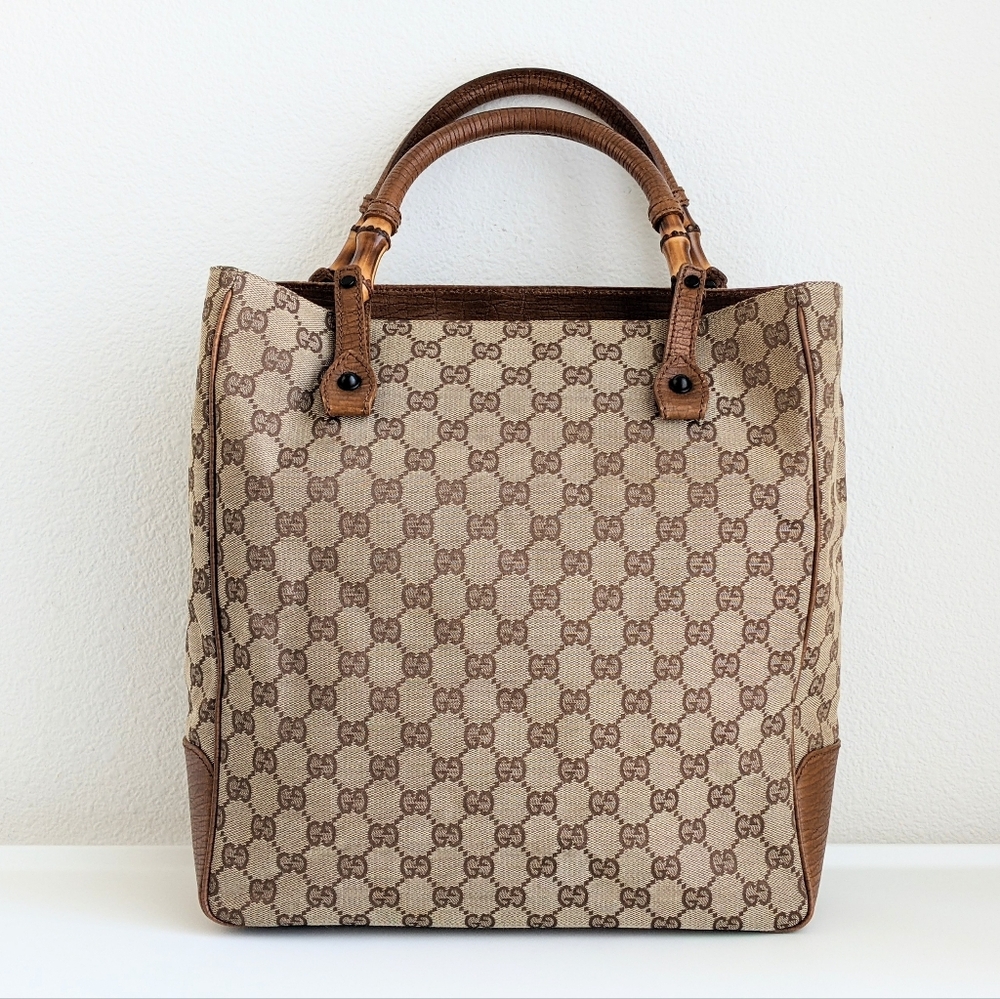 Gucci Set of Brown GG Canvas Bamboo Handle Tote Bag + matching Wallet